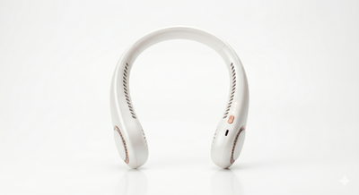 AEROVIBE bladeless neck fan close-up showing LED light and USB-C charging port detail