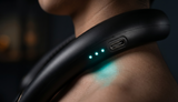AEROVIBE bladeless neck fan worn by man at airport – stay cool while traveling, 20h battery
