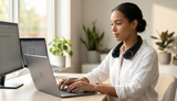 AEROVIBE bladeless neck fan worn by woman at office desk – hands-free cooling while working on laptop