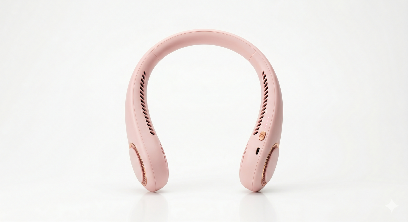AEROVIBE Rose Pink bladeless neck fan – white background product photo, rose gold accents, 4000mAh battery